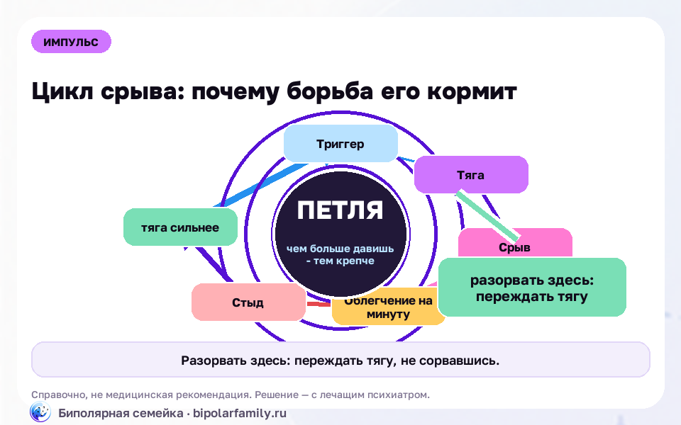 Схема к материалу «Анатомия срыва: как устроен компульсивный цикл и где его можно разорвать»: главный механизм и безопасная точка опоры.