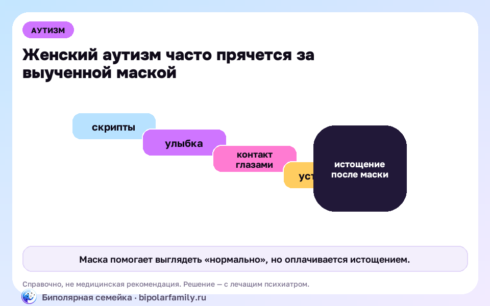 Схема к материалу «Аутизм у женщин: почему его десятилетиями не замечают»: главный механизм и безопасная точка опоры.