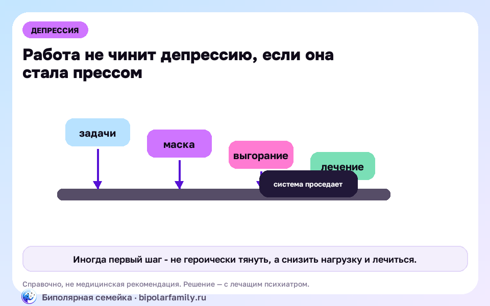 Схема к материалу «Депрессия и работа: как продержаться, когда сил нет, и стоит ли говорить начальнику»: главный механизм и безопасная точка опоры.