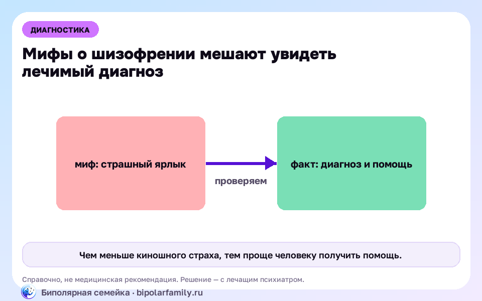 Схема к материалу «Шизофрения простыми словами: что это, чего в ней нет и почему это не приговор»: главный механизм и безопасная точка опоры.