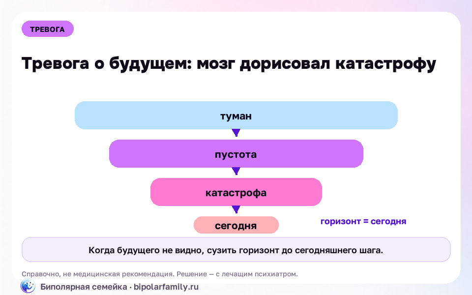 Схема к материалу «Тревога о будущем: как жить, когда непонятно, что будет дальше»: главный механизм и безопасная точка опоры.
