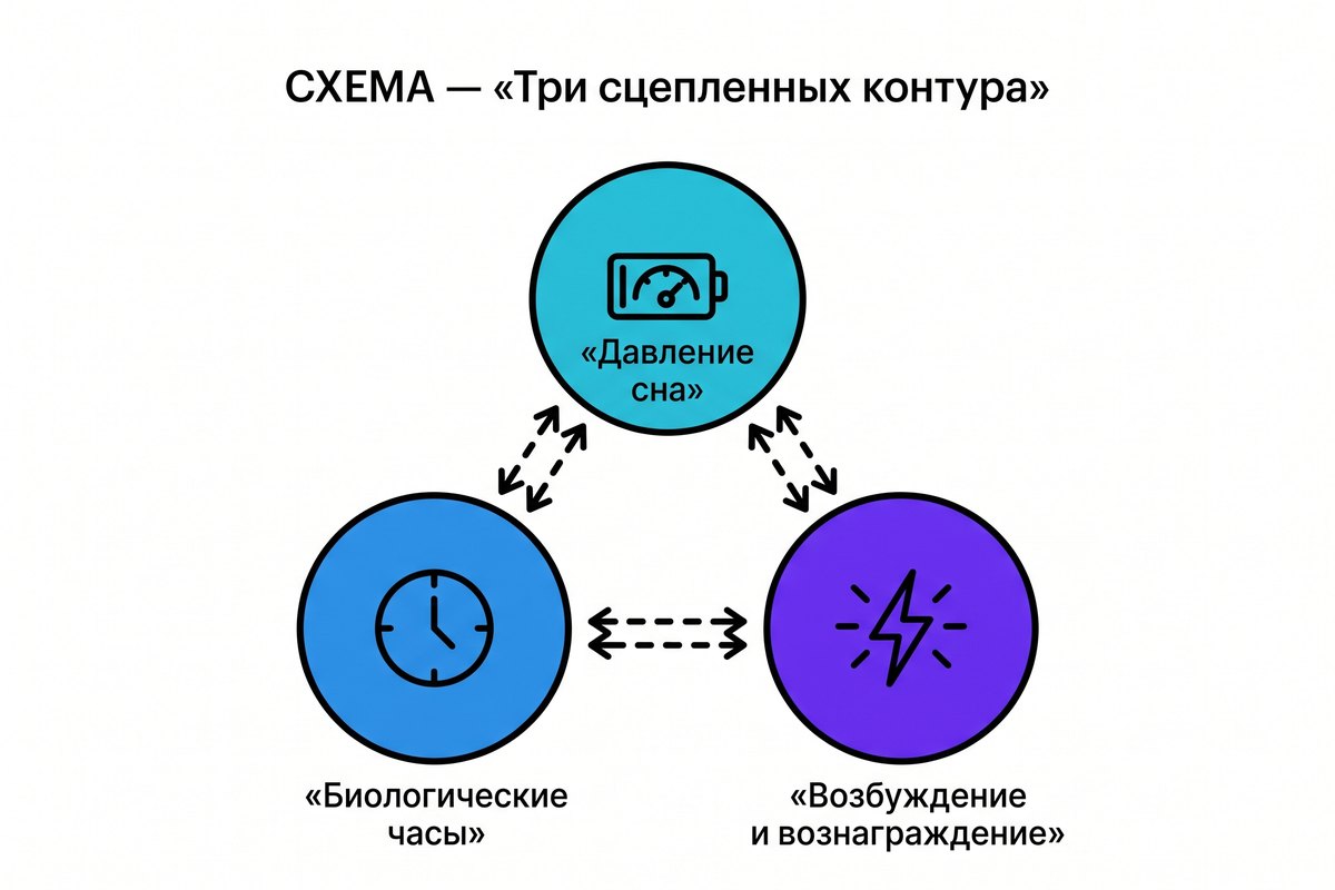 Схема трёх сцепленных контуров: биологические часы (синий круг), давление сна (бирюзовый круг), возбуждение и вознаграждение (фиолетовый круг), соединённые пунктирными стрелками