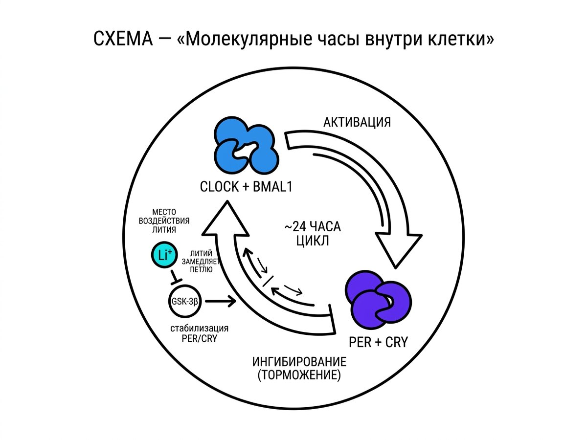 Схема молекулярных часов клетки: петля CLOCK+BMAL1 → активация → PER+CRY → торможение → обратно, с указанием места воздействия лития через GSK-3β