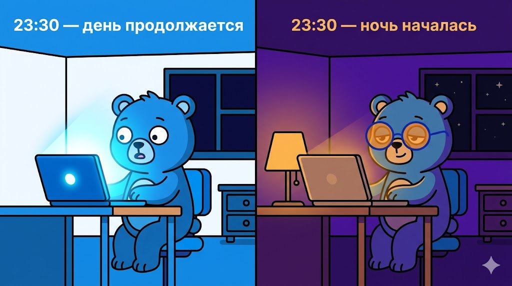 Диптих: слева медведь у яркого ноутбука «23:30 — день продолжается», справа тот же медведь в очках при тёплом свете «23:30 — ночь началась»