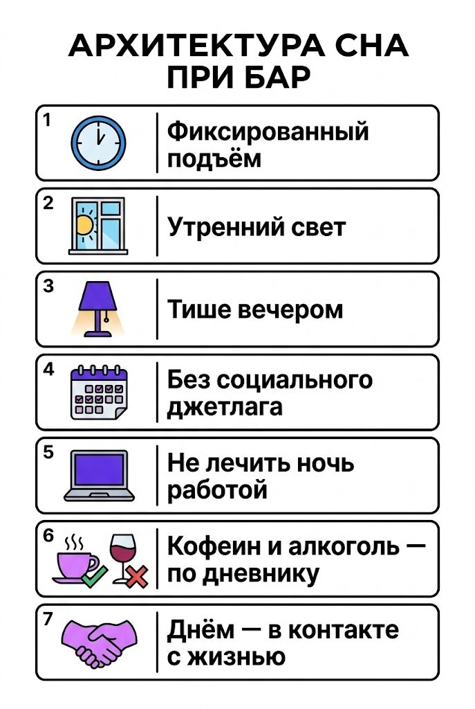 Вертикальный плакат «Архитектура сна при БАР»: семь пронумерованных принципов с иконками — фиксированный подъём, утренний свет, тише вечером, без социального джетлага, не лечить ночь работой, кофеин и алкоголь по дневнику, днём в контакте с жизнью