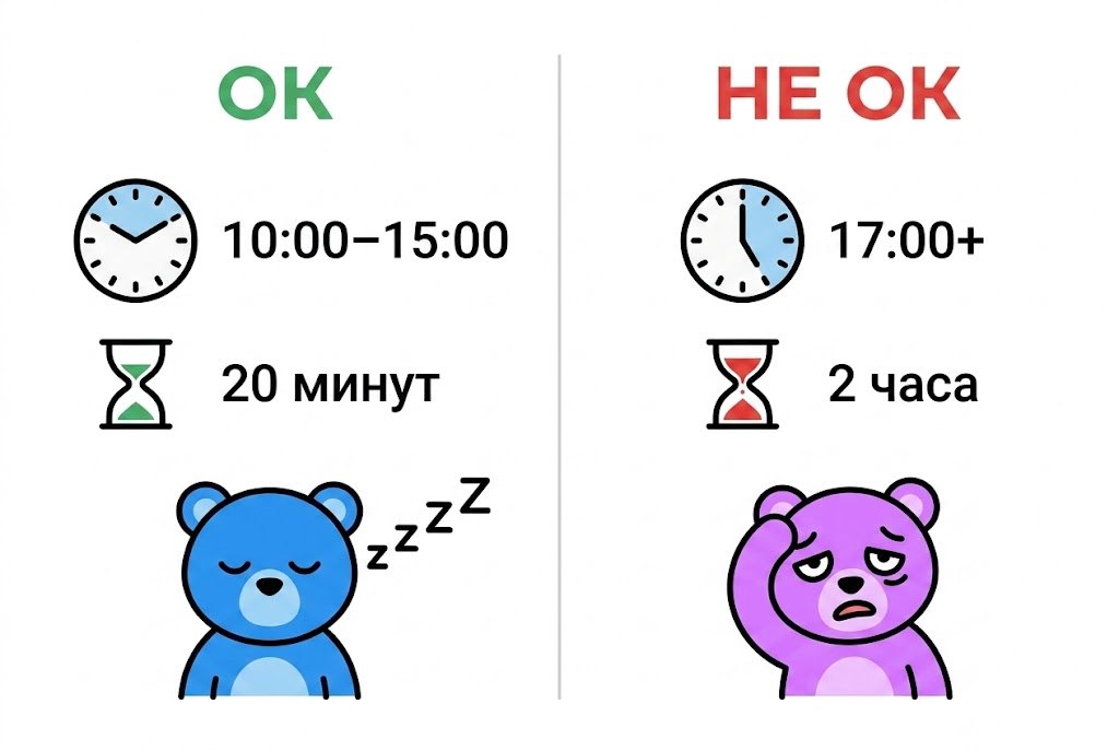Сравнение: слева зелёный «ОК» — часы 10:00–15:00, таймер 20 минут, спящий синий медведь; справа красный «НЕ ОК» — часы 17:00+, таймер 2 часа, уставший розовый медведь