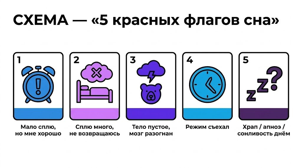 Пять карточек с иконками: будильник с восклицанием, кровать с облаком, гроза над медведем, часы со сдвинутой стрелкой, ZZZ с вопросом — соответствуют пяти красным флагам сна при БАР